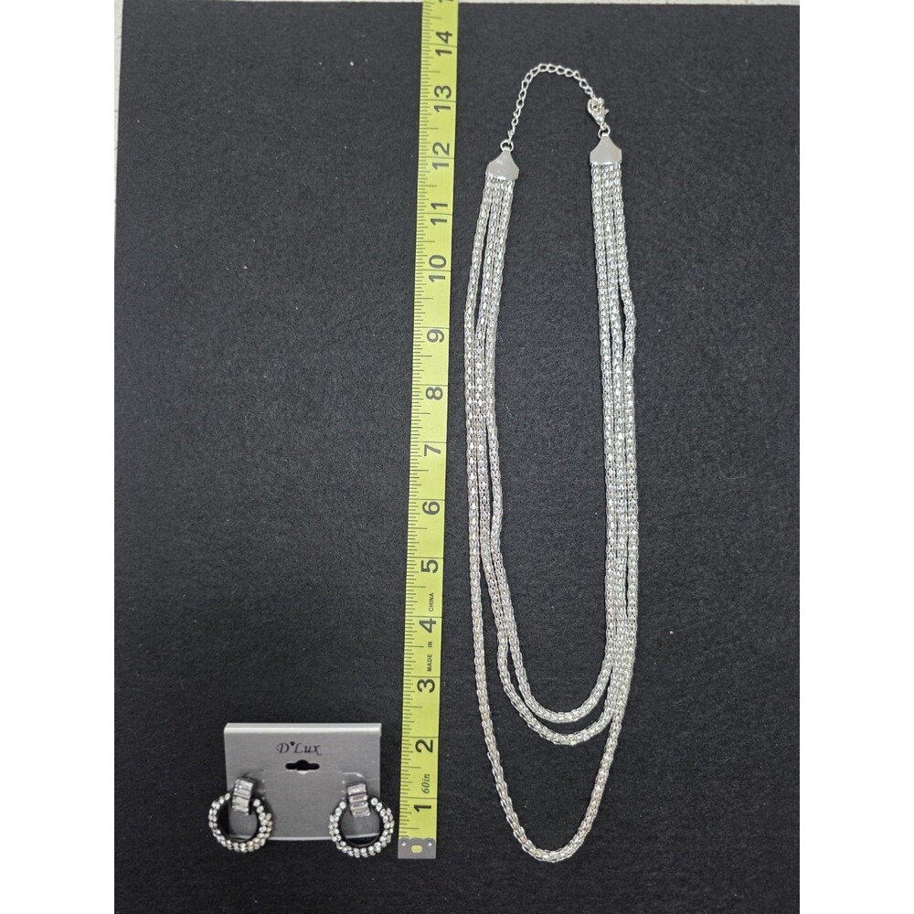 Vintage silver toned 3 strand necklace costume jewelry with D'Lux earrings